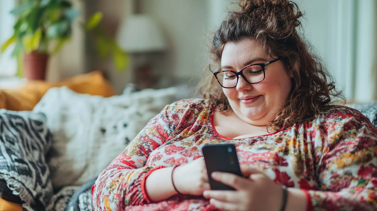 mounjaro-erfahrung-abnehmspritze-iphone-video-youtube-frau-sofa-wohnzimmer-streaming